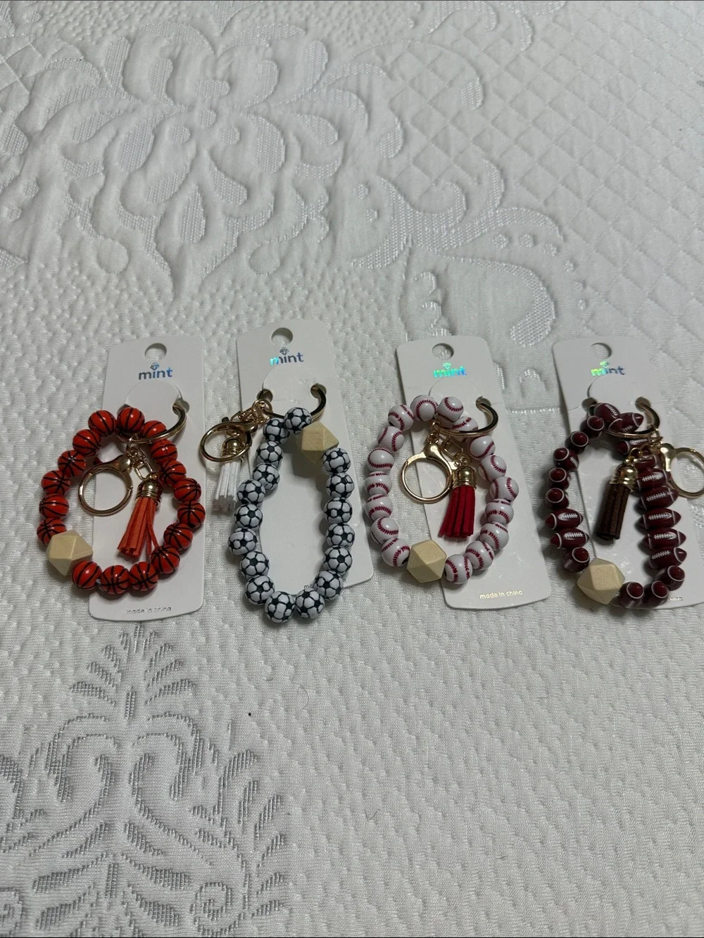 Set of 12 Beaded Key Ring Wristlet - Basketball Soccer, Football and Baseball